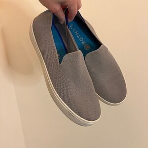 Rothys Grey Knit Slip On Sneakers Womens Round Toe Blue Halo Detail Size 8.5